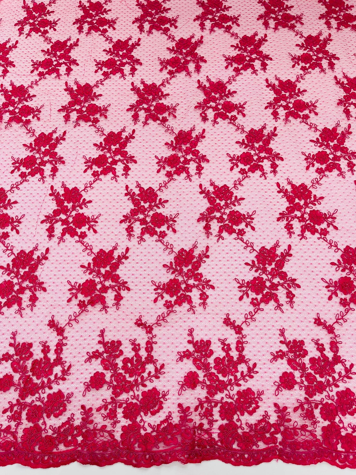 Embroidered Corded Lace Fabric - Fuchsia - Cluster Fancy Flower Embroidered Lace Fabric By Yard