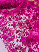 3D Flower Glitter Fabric - Fuchsia - Floral Glitter Sequin Design on Lace Mesh Fabric by Yard