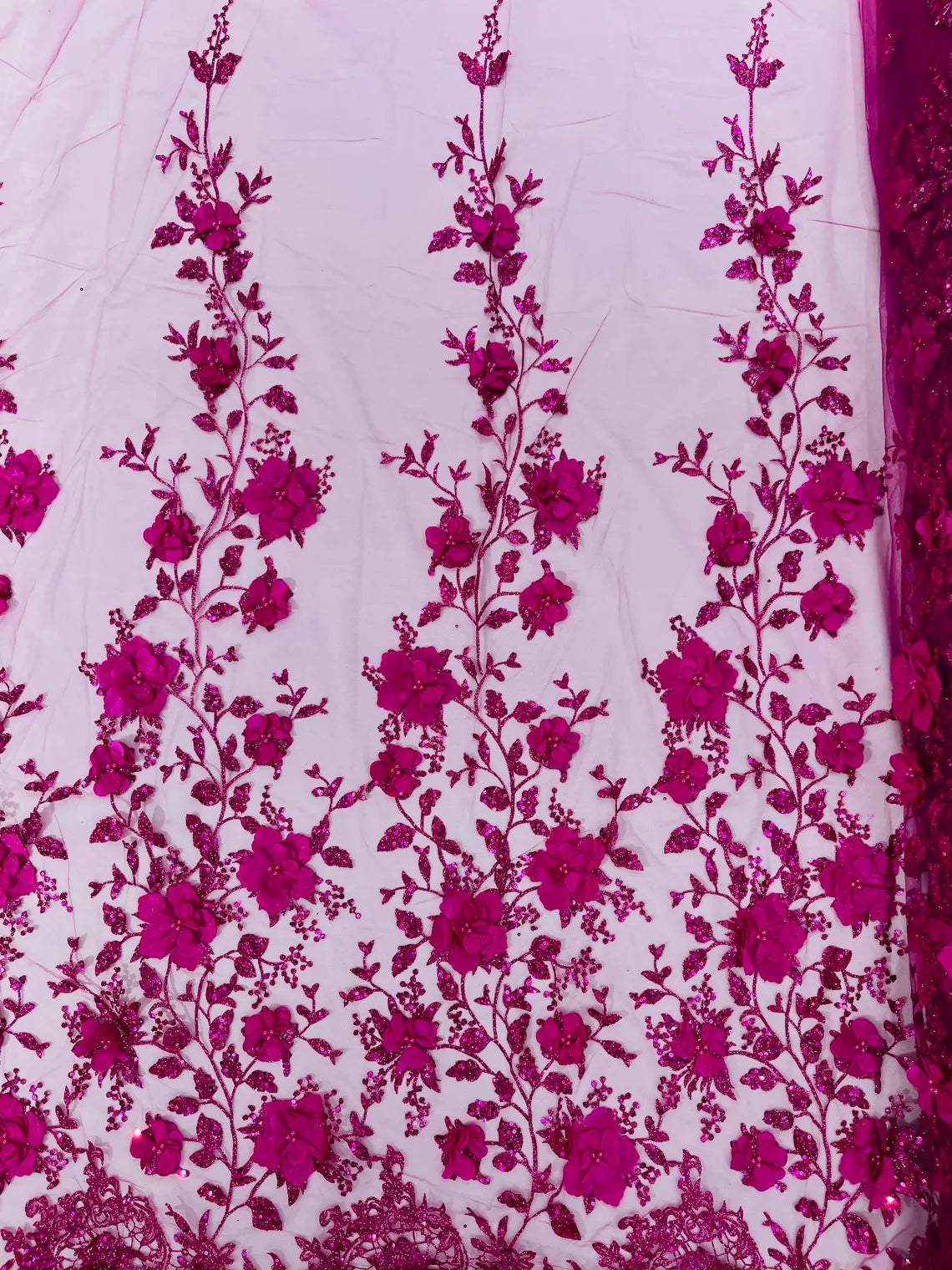 3D Big Flower Glitter Fabric - Fuchsia - Floral Glitter Sequin Design on Lace Mesh Fabric by Yard