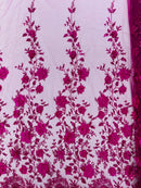 3D Big Flower Glitter Fabric - Fuchsia - Floral Glitter Sequin Design on Lace Mesh Fabric by Yard