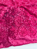 Satin Rosette Sequins Fabric - Fuchsia - 3D Rosette Satin Rose Fabric with Sequins By Yard