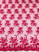 Embroidered Corded Lace Fabric - Fuchsia - Cluster Fancy Flower Embroidered Lace Fabric By Yard