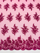 Floral Lace Flower Fabric - Fuchsia - Floral Embroidered Fabric with Sequins on Lace By Yard
