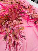 Peacock Feathers Lace Fabric - Fuchsia - Peacock Feather Design on Lace Mesh Fabric Sold by Panel