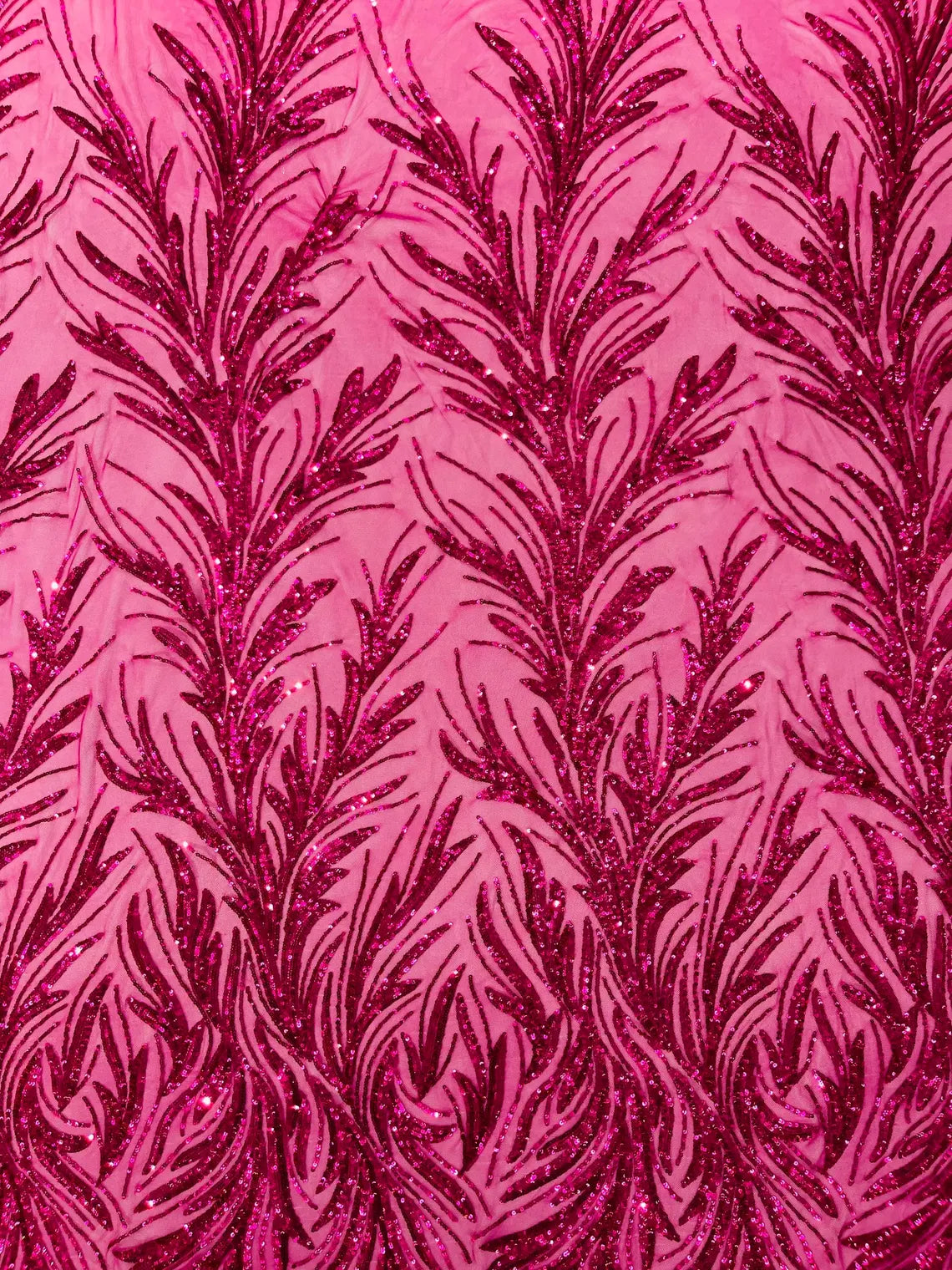 Leaf Design Stretch Sequins - Fuchsia - 4 Way Stretch Lace Mesh Sequins Fabric by Yard