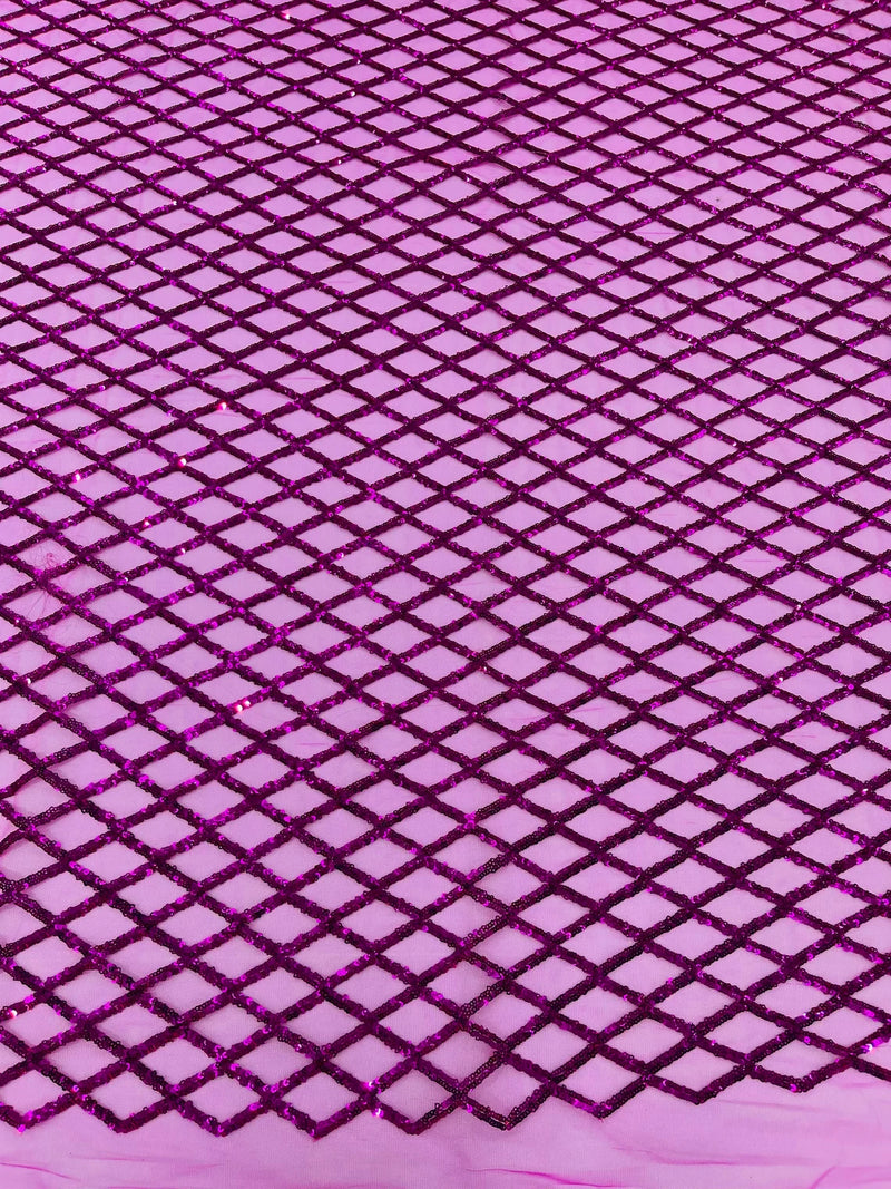 Diamond Sequins Fabric - Fuchsia - Diamond Geometric Net Design on Mesh Lace Fabric By Yard