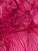 Curvy Line Design Fabric - Fuchsia - 4 Way Stretch Sequins Design Mesh Lace Fabric by Yard