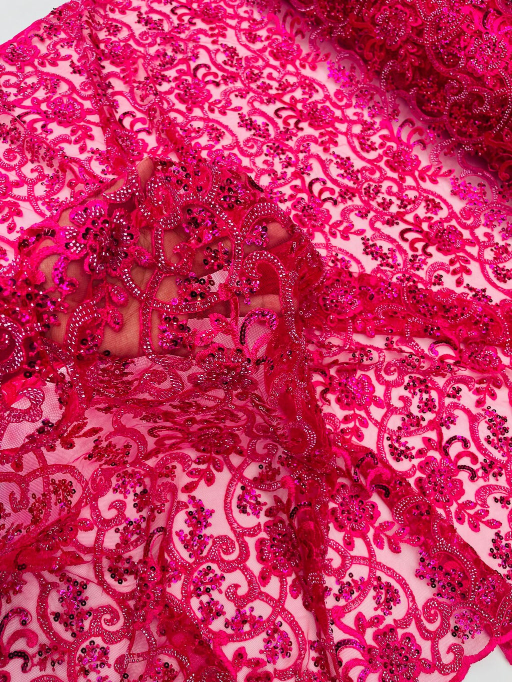 Embroidery Floral Bead Fabric - Fuchsia - Bridal Embroidery Beaded Floral  Fabric Sold by Yard