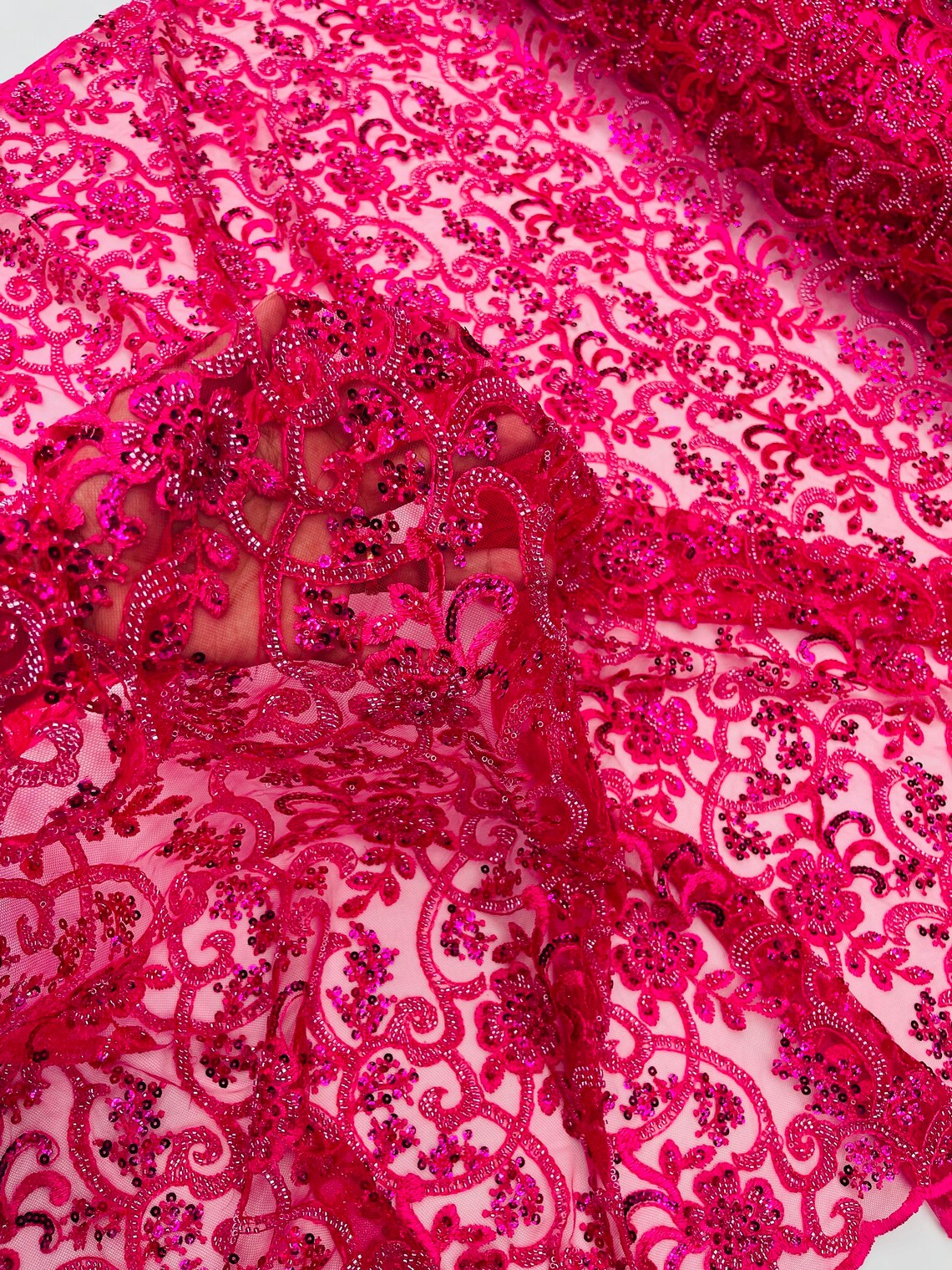Embroidery Floral Bead Fabric - Fuchsia - Bridal Embroidery Beaded Floral  Fabric Sold by Yard
