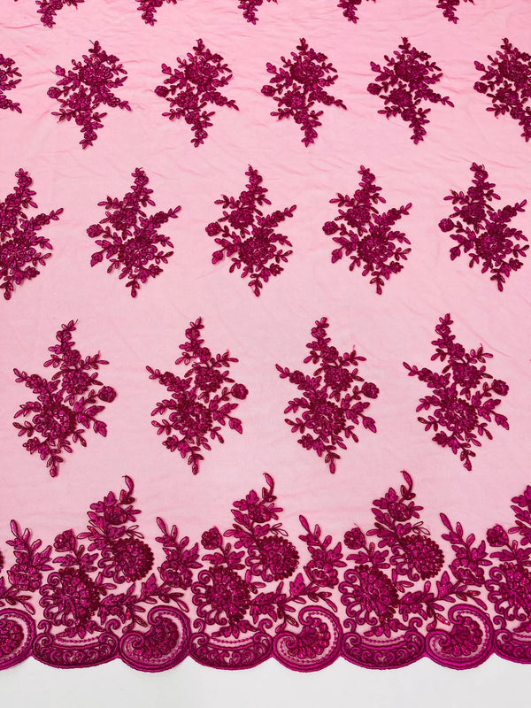 Floral Lace Flower Fabric - Fuchsia - Floral Embroidered Fabric with Sequins on Lace By Yard