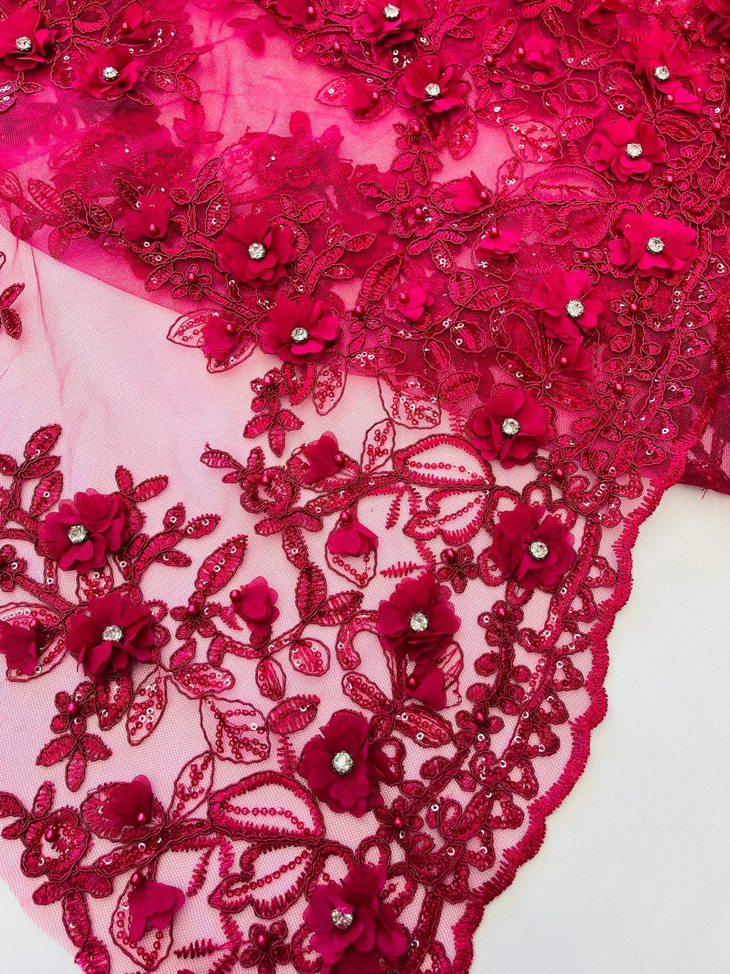 3D Embroidered Floral Fabric - Fuchsia - 3D Rhinestone and Sequins Floral Fabric Sold By Yard