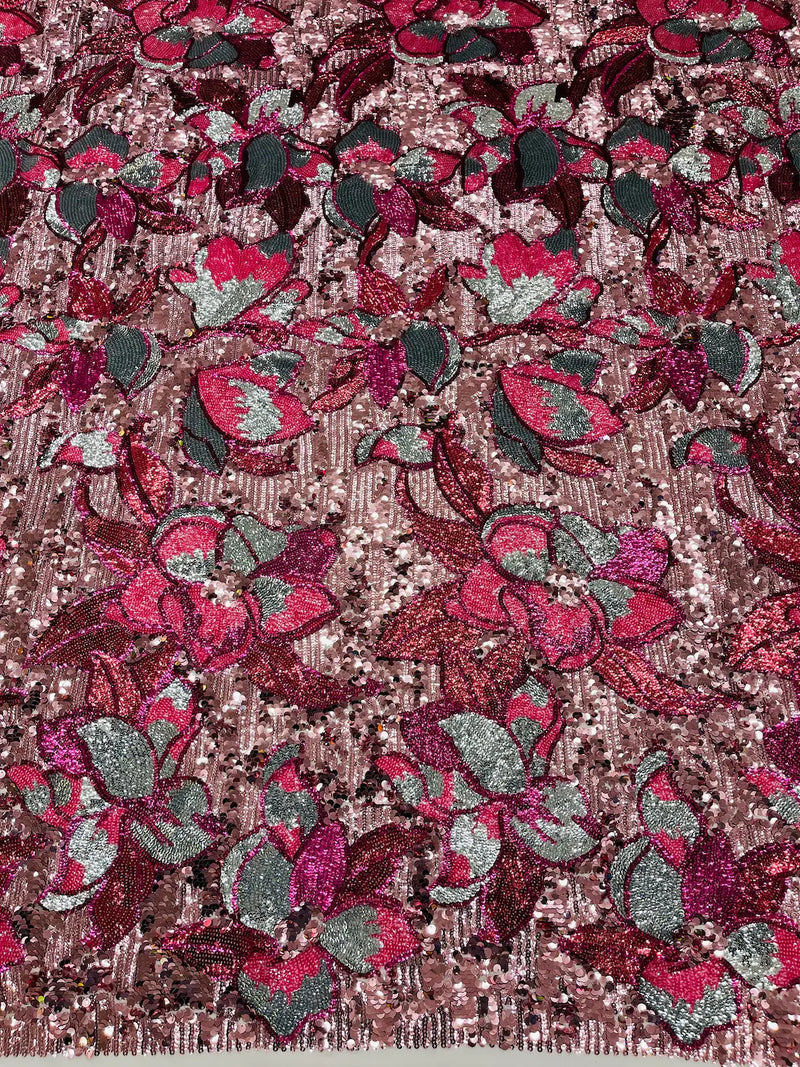 Orchid Design Sequins - Fuchsia - 4 Way Stretch Full Sequins Floral Design Mesh Fabric By Yard