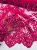 Beaded Floral Fabric - Fuchsia - Embroidered Flower Cluster Beaded Fabric Sold By Yard