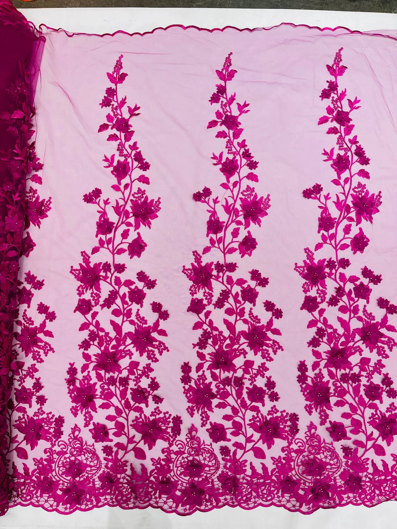 Flower 3D Fabric - Fuchsia - Embroided Fabric Flower Pearls and Leaf Decor Sold by The Yard