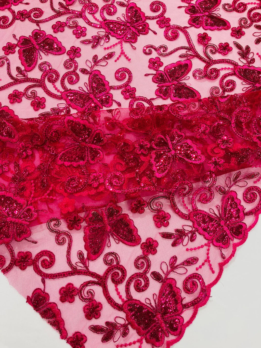 Butterfly Swirl Lace Fabric - Fuchsia - Metallic Sequins Design on Lace Fabric By Yard