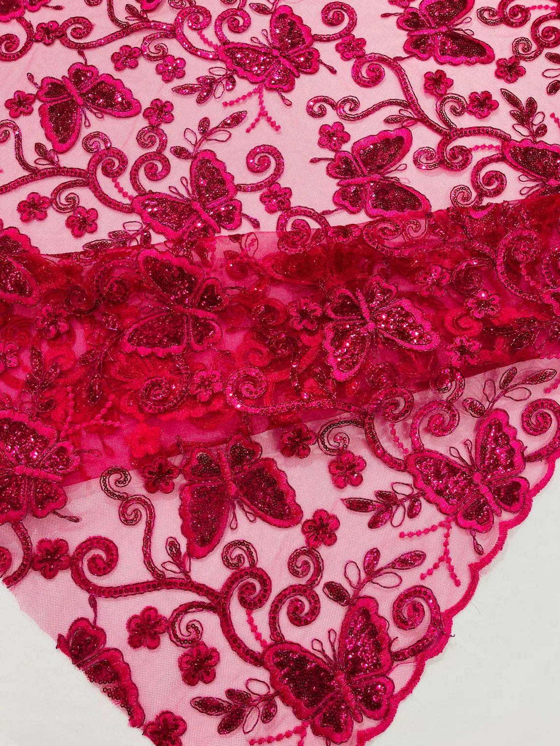Butterfly Swirl Lace Fabric - Fuchsia - Metallic Sequins Design on Lace Fabric By Yard