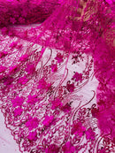 3D Glitter Floral Design Fabric - Fuchsia - Floral Line Design Embroidered Sequins Fabric by Yard