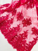 Corded Floral 3D Fabric - Fuchsia - Embroidered Floral Design on Lace Mesh Fabric by Yard