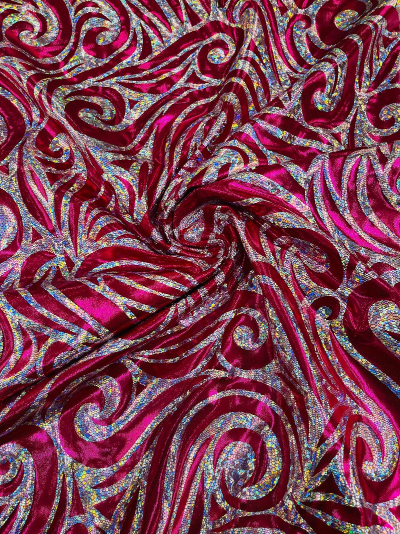 Tribal Swirl Spandex Fabric - Fuchsia - Hologram Metallic 4-Way Stretch Milliskin Fabric by Yard