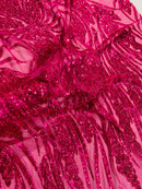 Wavy Leaf Sequins Fabric - Fuchsia - Wavy Lines and Leaves Design on Lace Mesh Fabric by Yard