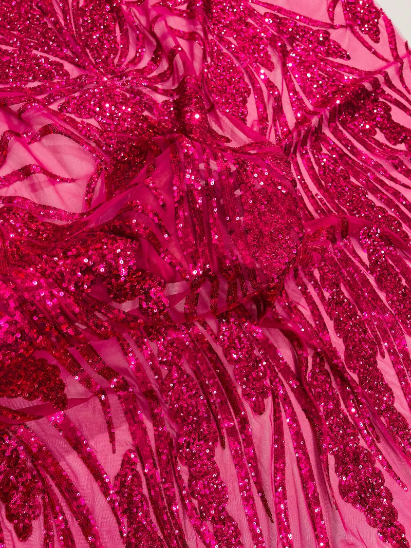 Wavy Leaf Sequins Fabric - Fuchsia - Wavy Lines and Leaves Design on Lace Mesh Fabric by Yard