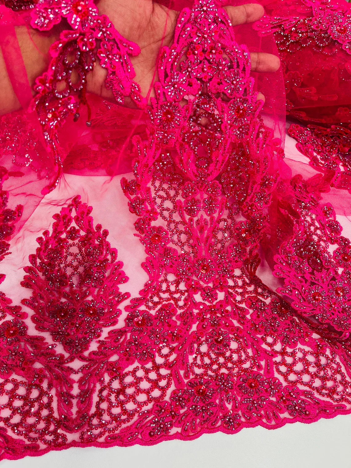 Heavy Bead Floral Fabric - Fuchsia - Beaded Flower Design Fabric Fancy Border By Yard