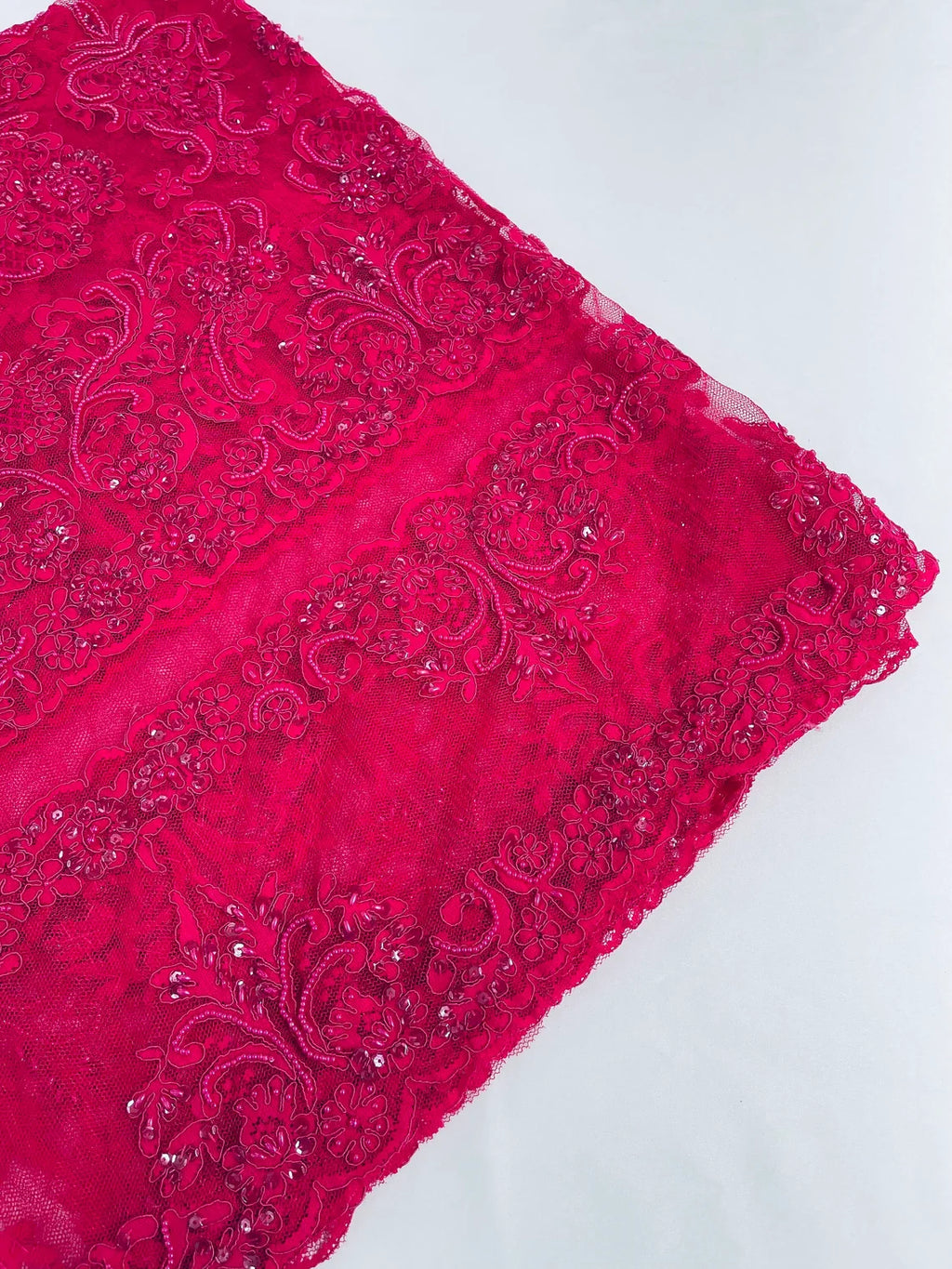 Beaded My Lady Damask Design - Fuchsia - Beaded Fancy Damask Embroidered Fabric By Yard