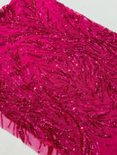Leaf Design Stretch Sequins - Fuchsia - 4 Way Stretch Lace Mesh Sequins Fabric by Yard