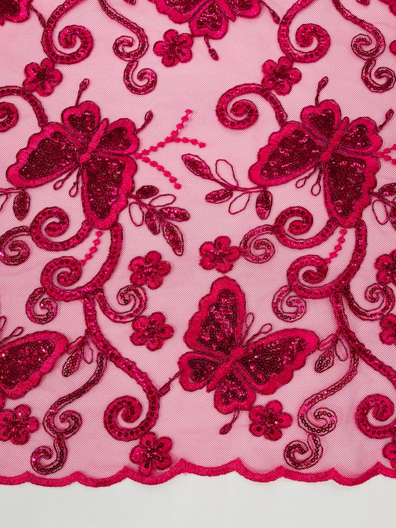 Butterfly Swirl Lace Fabric - Fuchsia - Metallic Sequins Design on Lace Fabric By Yard