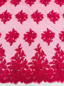 Corded Floral 3D Fabric - Fuchsia - Embroidered Floral Design on Lace Mesh Fabric by Yard