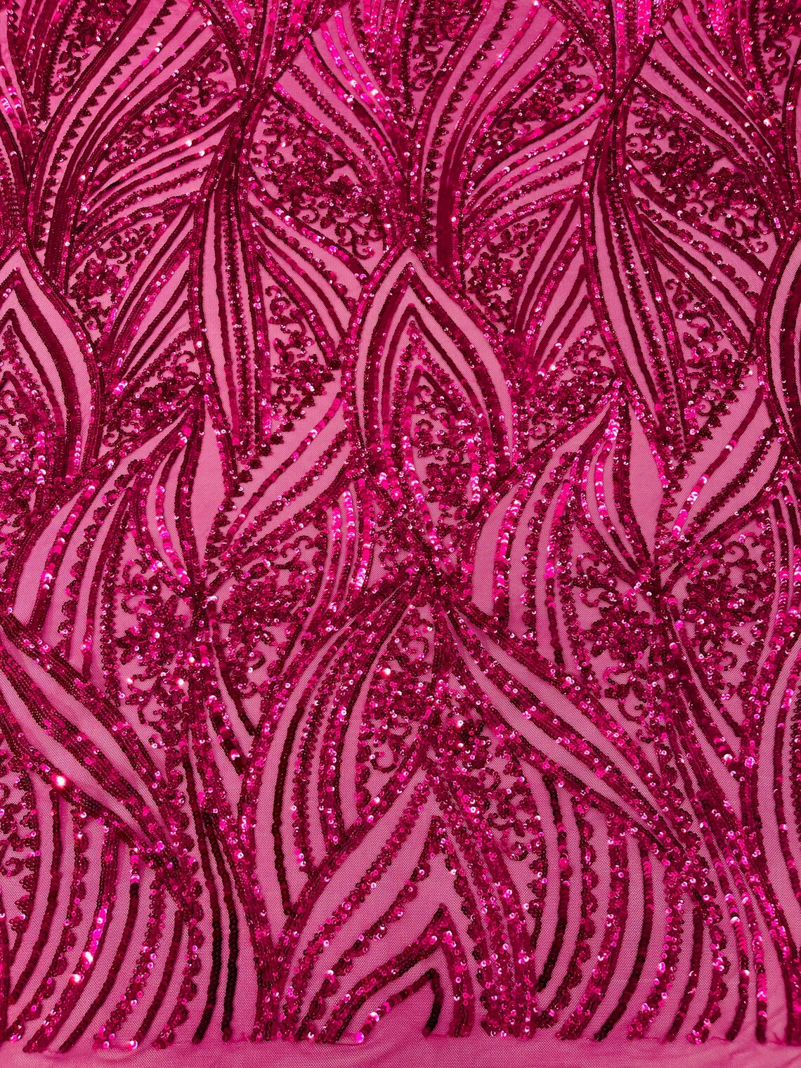 Curvy Line Design Fabric - Fuchsia - 4 Way Stretch Sequins Design Mesh Lace Fabric by Yard