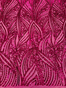 Curvy Line Design Fabric - Fuchsia - 4 Way Stretch Sequins Design Mesh Lace Fabric by Yard