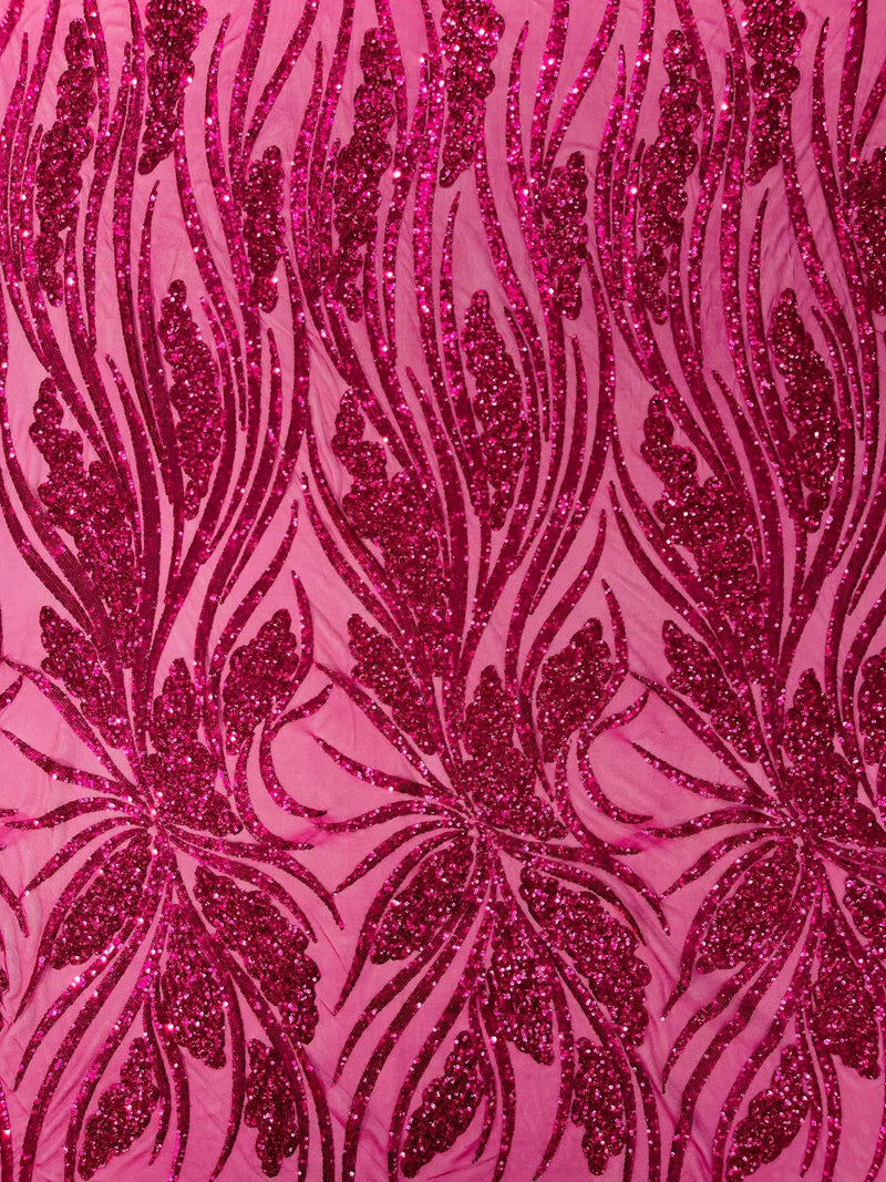 Wavy Leaf Sequins Fabric - Fuchsia - Wavy Lines and Leaves Design on Lace Mesh Fabric by Yard