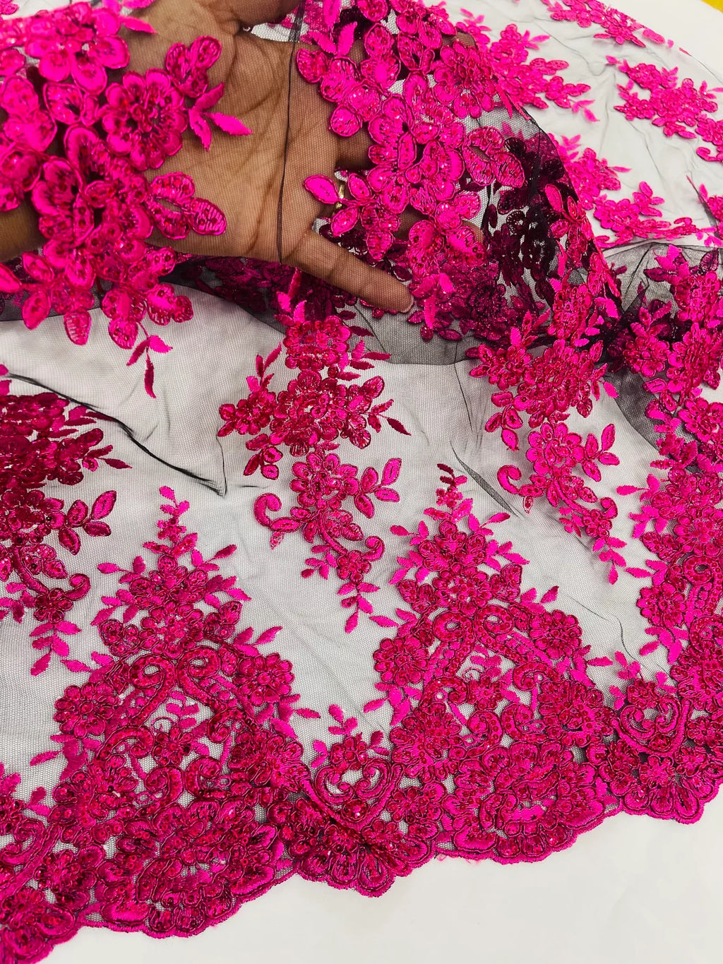 Floral Lace Fabric - Fuchsia on Black  - Metallic Floral Design on Lace Mesh Fabric By Yard