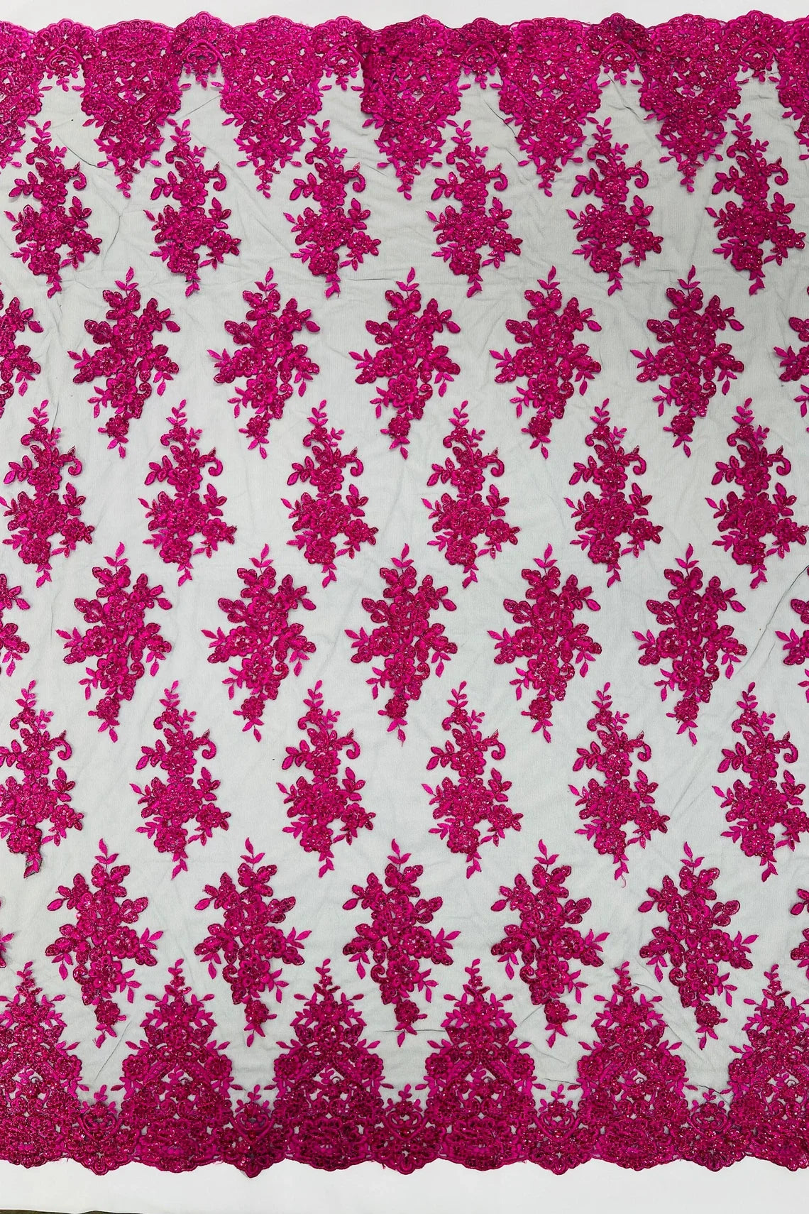 Floral Lace Fabric - Fuchsia on Black  - Metallic Floral Design on Lace Mesh Fabric By Yard