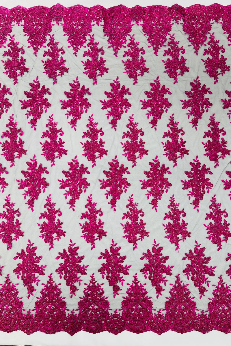 Floral Lace Fabric - Fuchsia on Black  - Metallic Floral Design on Lace Mesh Fabric By Yard