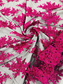 Floral Lace Fabric - Fuchsia on Black  - Metallic Floral Design on Lace Mesh Fabric By Yard