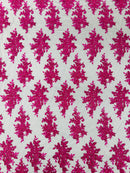 Floral Lace Fabric - Fuchsia on Black  - Metallic Floral Design on Lace Mesh Fabric By Yard