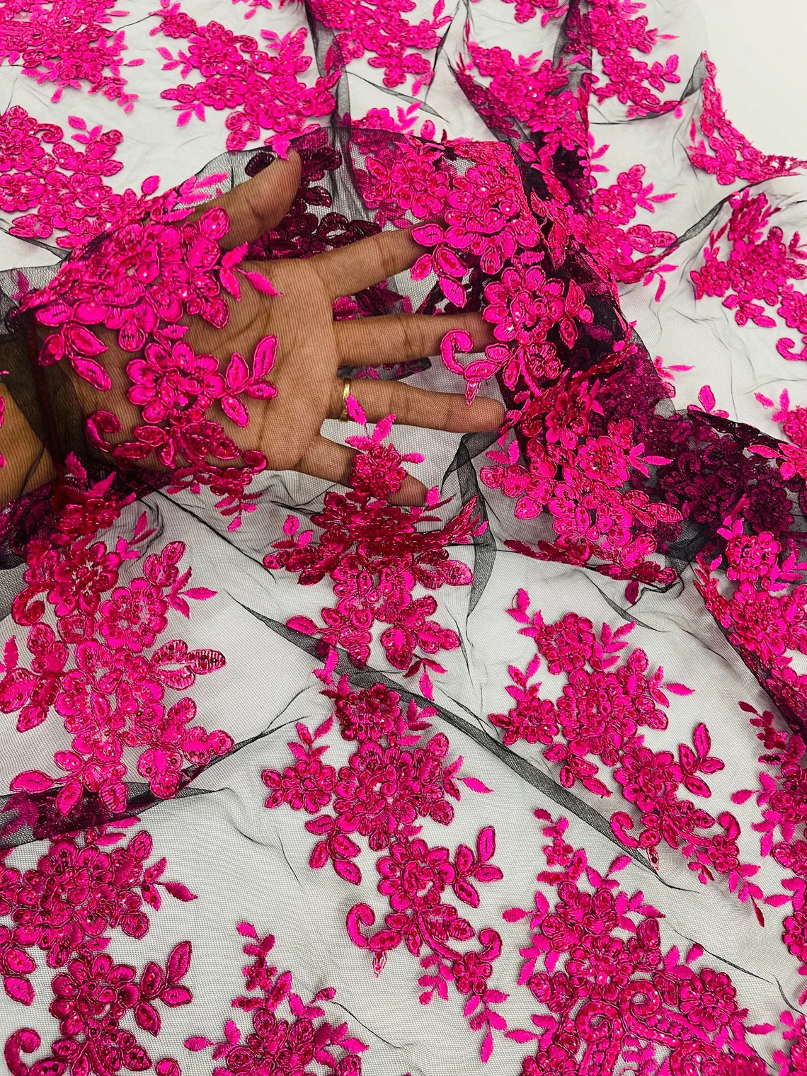 Floral Lace Fabric - Fuchsia on Black  - Metallic Floral Design on Lace Mesh Fabric By Yard