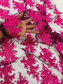 Floral Lace Fabric - Fuchsia on Black  - Metallic Floral Design on Lace Mesh Fabric By Yard