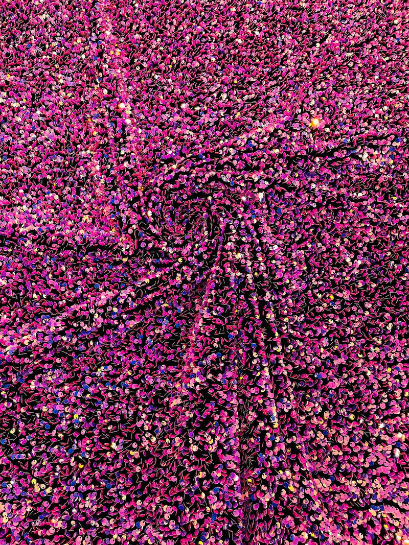 Stretch Velvet Sequins Fabric - Fuchsia / Lilac on Black - Velvet Sequins 2 Way Stretch 58/60” By Yard