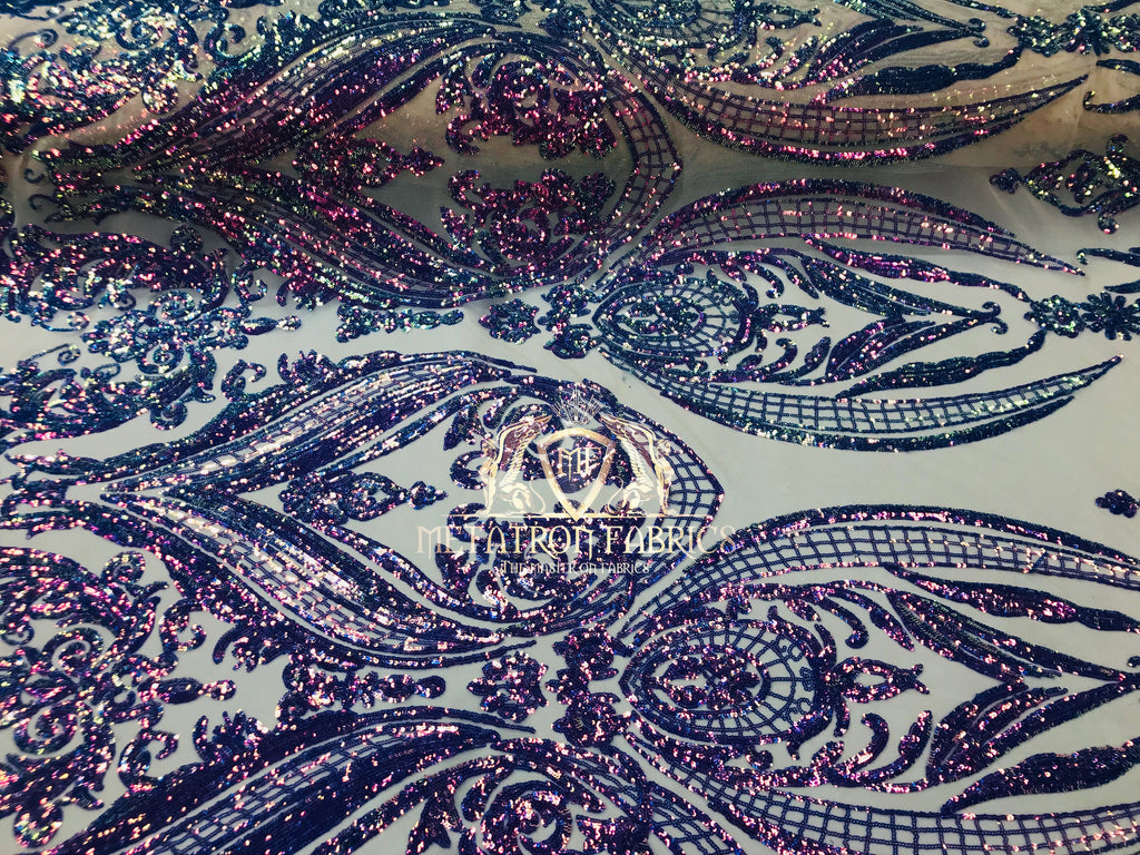 Big Damask Sequins Fabric - Purple - 4 Way Stretch Damask Sequins Design Fabric By Yard