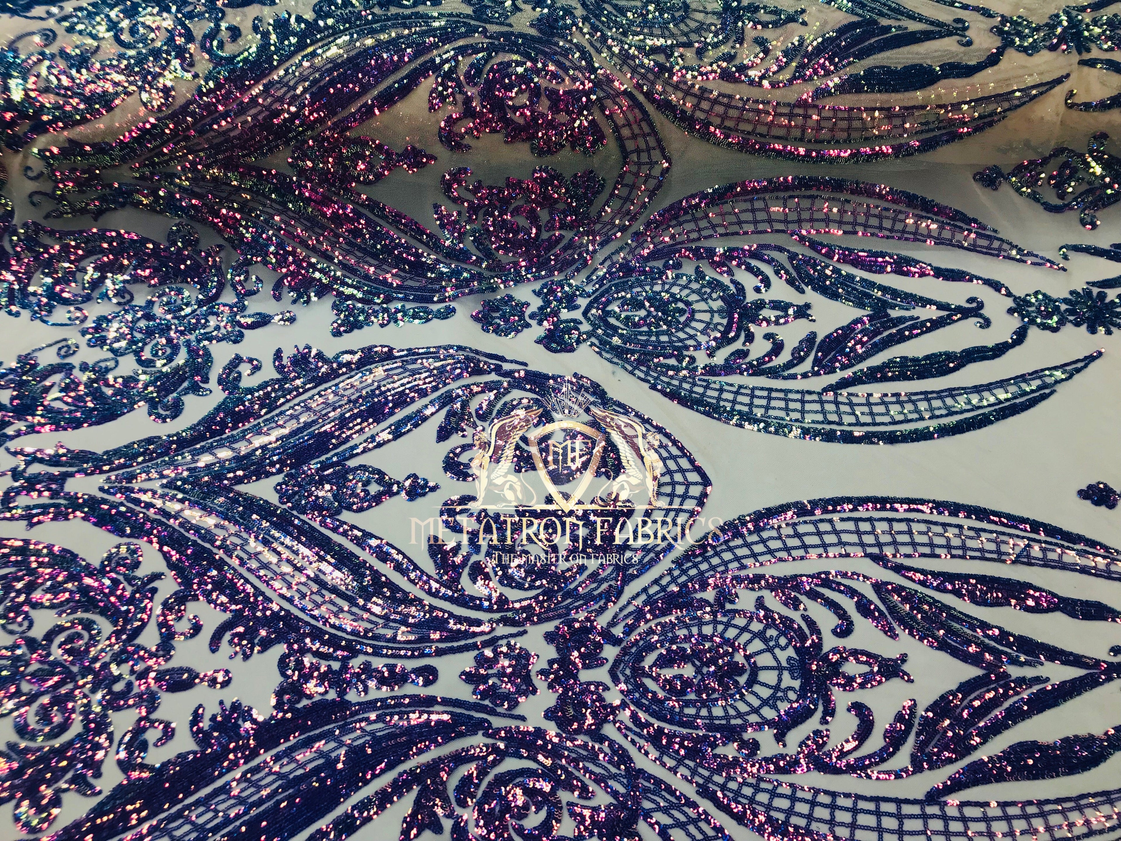 Big Damask Sequins Fabric - Purple - 4 Way Stretch Damask Sequins Design Fabric By Yard