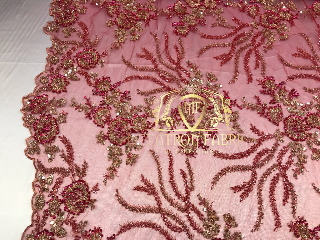 Beaded - Fuschia - Fancy Flower Design Sequins Fabric with Beads Sold By The Yard