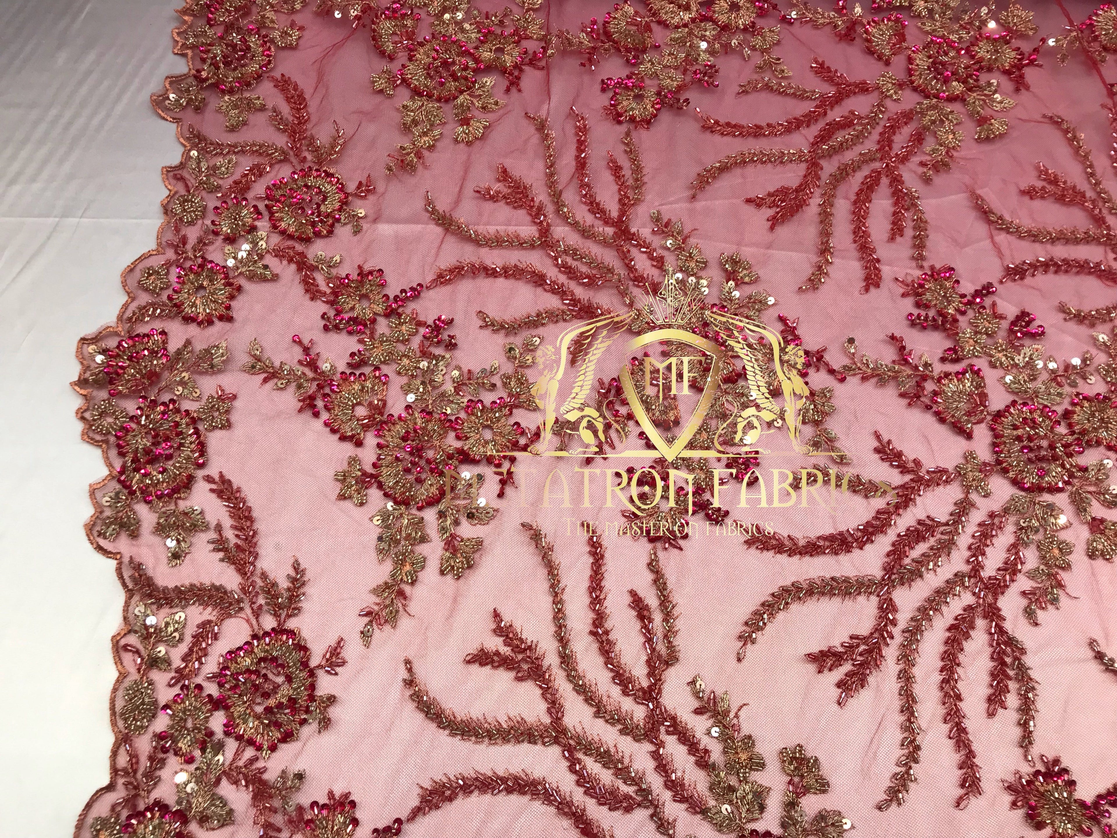 Beaded - Fuschia - Fancy Flower Design Sequins Fabric with Beads Sold By The Yard