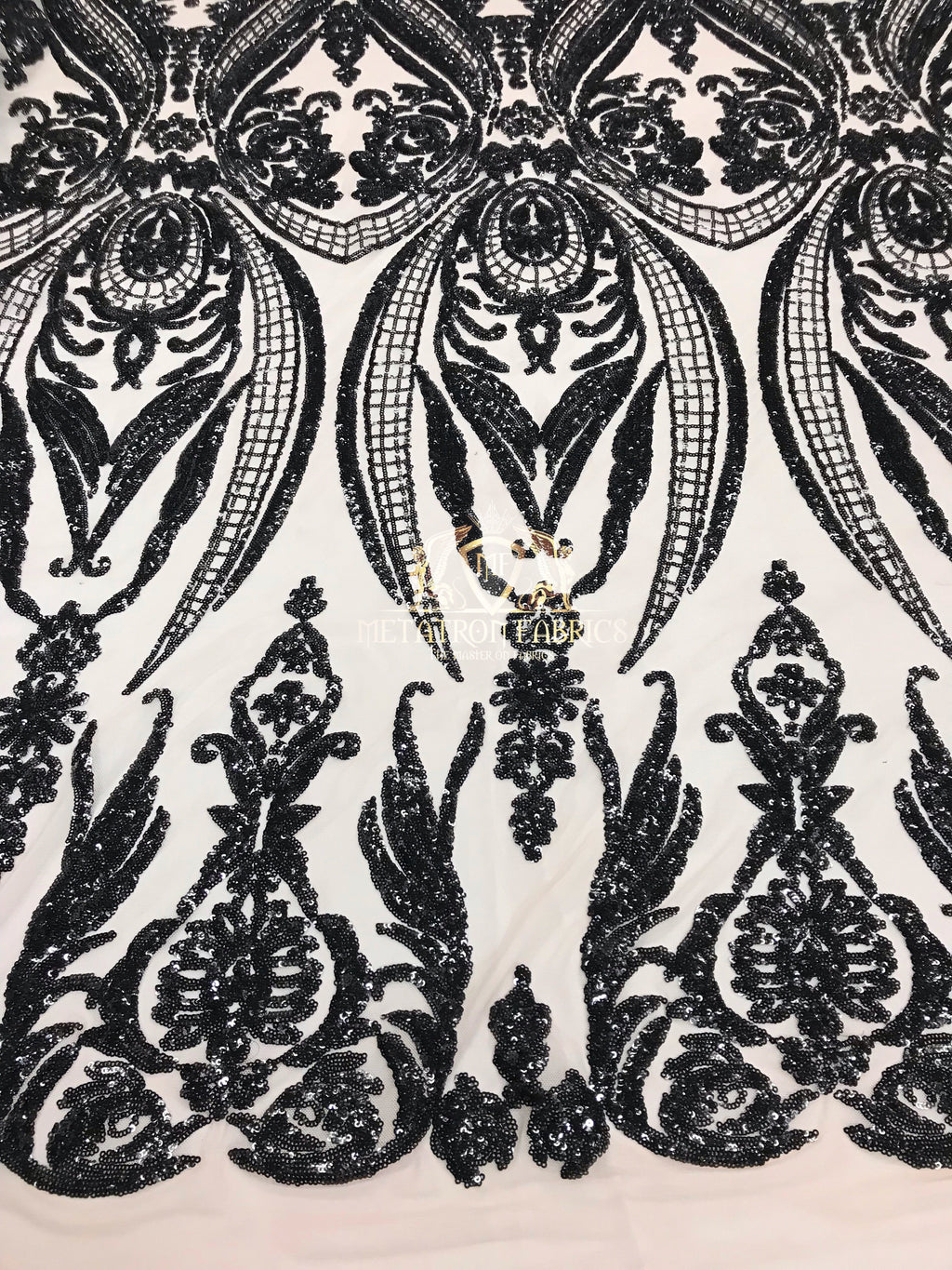 Black - Sequins 4 Way Stretch Fabric Embroidered On Mesh Sold By The Yard