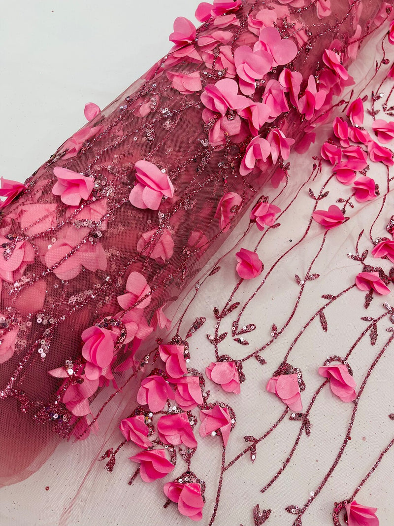 3D Glitter Floral Fabric - Dusty Rose - 3D Flowers with Sequins and Glitter on Mesh Sold By Yard