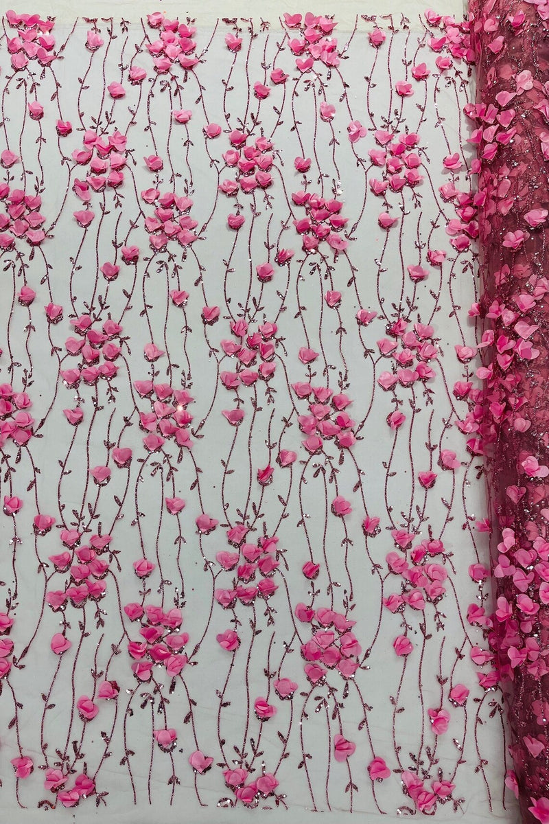 3D Glitter Floral Fabric - Dusty Rose - 3D Flowers with Sequins and Glitter on Mesh Sold By Yard