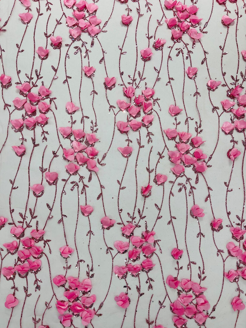 3D Glitter Floral Fabric - Dusty Rose - 3D Flowers with Sequins and Glitter on Mesh Sold By Yard