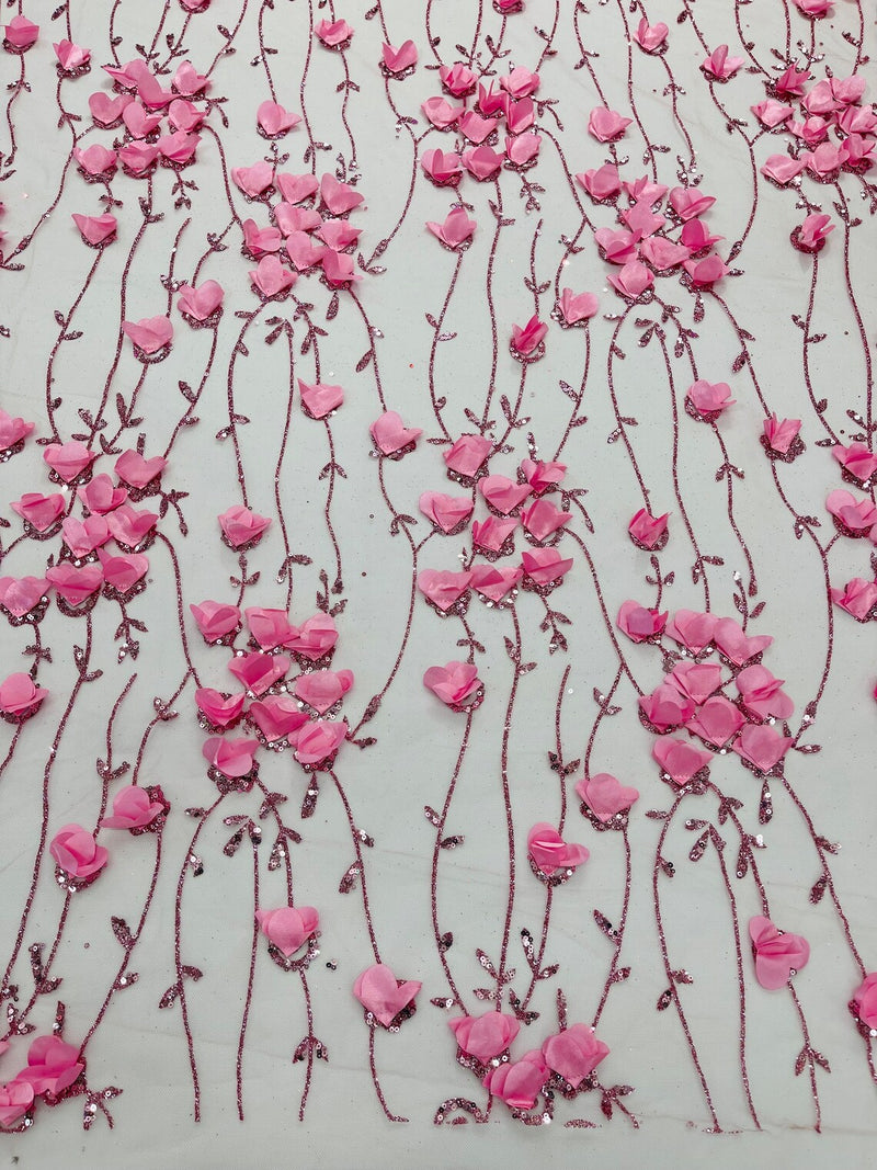 3D Glitter Floral Fabric - Dusty Rose - 3D Flowers with Sequins and Glitter on Mesh Sold By Yard